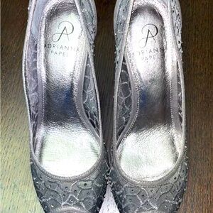 ADRIANNA PAPELL Leather and RHINESTONES Peep Toe PUMPS in GRAY - Women’s Size7.5